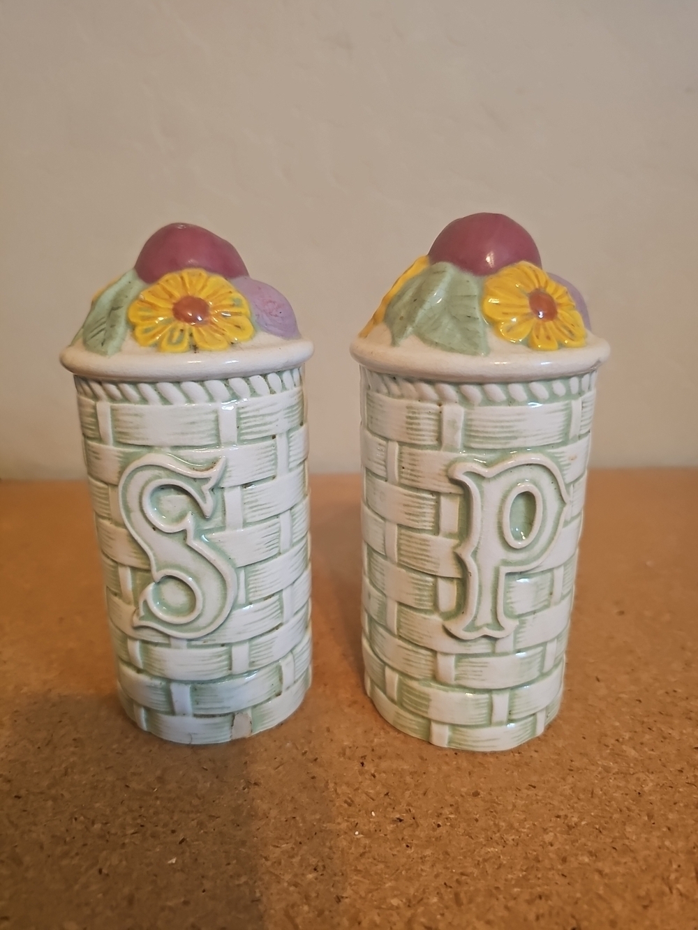Ceramic Floral Basketweave Salt & Pepper Shakers - White and Pastel Green